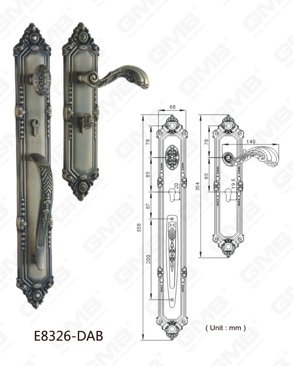 High Security Zinc Alloy Outside Villa Door Handle Made by Solid zinc alloy die-casting (E8326-DAB)