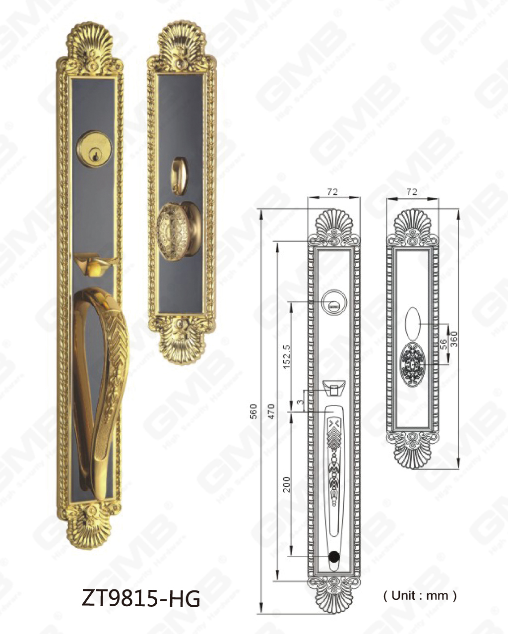 High Security Zinc Alloy Outside Villa Door Handle Door thickness Standard 38-55mm (ZT9815-HG)