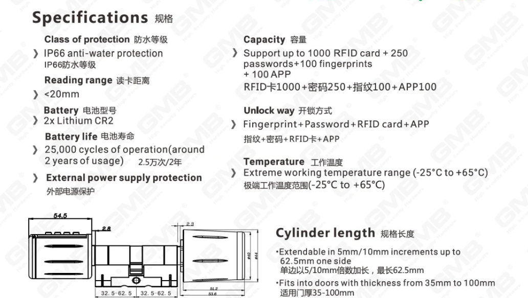 High Security Multi-Unlocking Ways IP66 Keyless Fingerprint Password Rfidwifi Digital Adjustable Modular Profile Tuya/Tt APP Smart Electronic Door Lock Cylinder