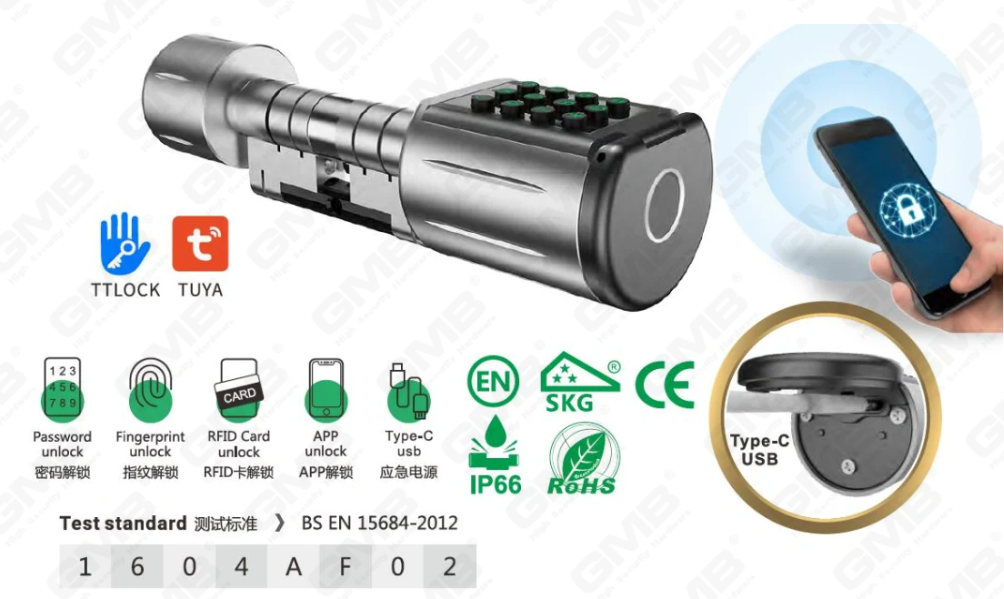 High Security Multi-Unlocking Ways IP66 Fingerprint Password Keyless Wifi Digital Adjustable Modular Profile Tuya/TT APP Smart Electronic Door Lock Cylinder (5D01)